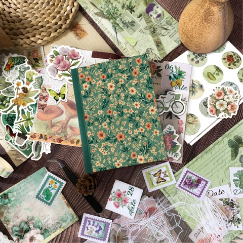Vintage Grün Floral Journaling Notizbuch Mit Aufklebern Hintergrundpapier Washi Tape Und Pinzette DIY Schreibwaren