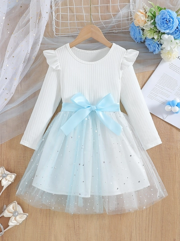Girls Long Sleeve Princess Dress Rib Knit Sequin Tulle Mesh Skirt Star Moon Pattern Bow Tie Sweet Formal Apparel Kids