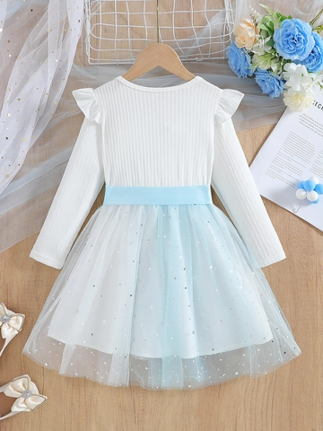 Girls Long Sleeve Princess Dress Rib Knit Sequin Tulle Mesh Skirt Star Moon Pattern Bow Tie Sweet Formal Apparel Kids
