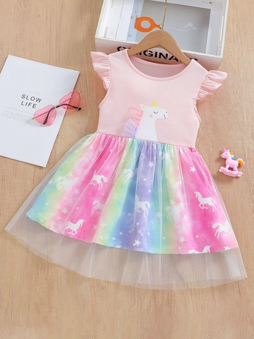 Girls Summer Pink Unicorn Rainbow Mesh Princess Dress Short Sleeve Cotton Blend Ruffle Sleeve Sweet Party Tulle Dress