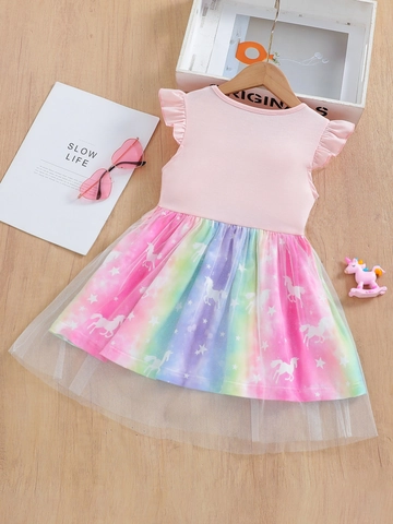 Girls Summer Pink Unicorn Rainbow Mesh Princess Dress Short Sleeve Cotton Blend Ruffle Sleeve Sweet Party Tulle Dress