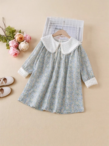 Girls Floral Dress Long Sleeve Cotton Blend Peter Pan Collar Lace Trim Puff Sleeve Princess A-Line Spring Autumn Toddler