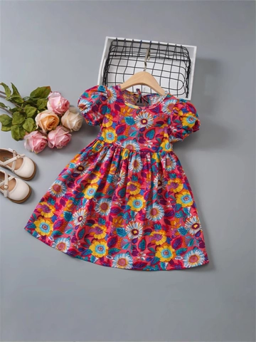 Girls Floral Short Sleeve Dress Cotton Blend Sunflower Print Puff Sleeve Summer Holiday Princess Style For Kids