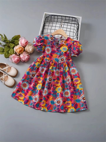 Girls Floral Short Sleeve Dress Cotton Blend Sunflower Print Puff Sleeve Summer Holiday Princess Style For Kids