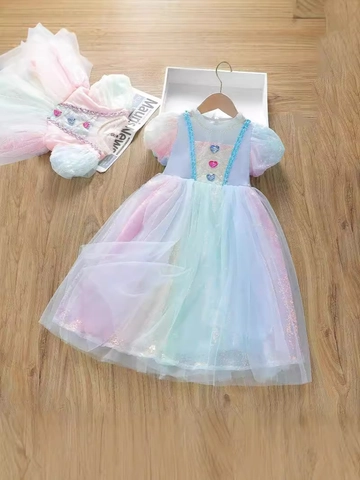 Mädchen Prinzessin Kleid Regenbogen Pailletten Netz Tüll Herz Deko Puffärmel Verlauf Sommer Party Kleidung Baumwolle
