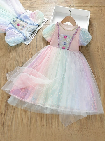 Mädchen Prinzessin Kleid Regenbogen Pailletten Netz Tüll Herz Deko Puffärmel Verlauf Sommer Party Kleidung Baumwolle
