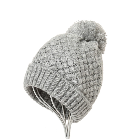 Gorro De Invierno Punto Acrílico Con Forro Polar Pompón Grande Cálido Grueso Acanalado Color Sólido Para Mujer