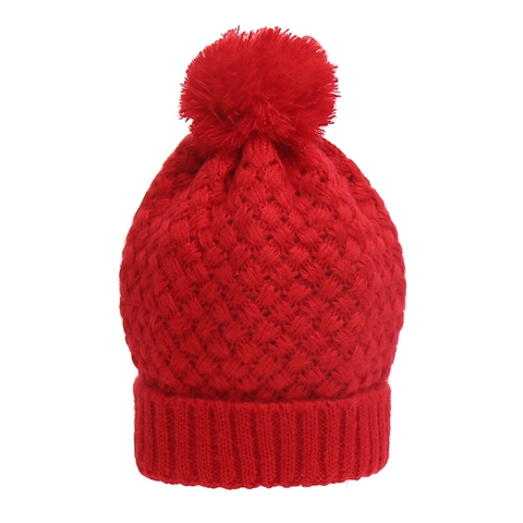 Gorro De Invierno Punto Acrílico Con Forro Polar Pompón Grande Cálido Grueso Acanalado Color Sólido Para Mujer