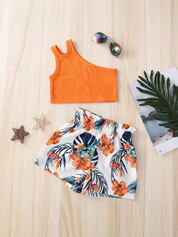 Girls Summer Tropical Hibiscus Print Top And Shorts Clothing Set One Shoulder Sleeveless Ribbed Knit Vest Shorts Outfit