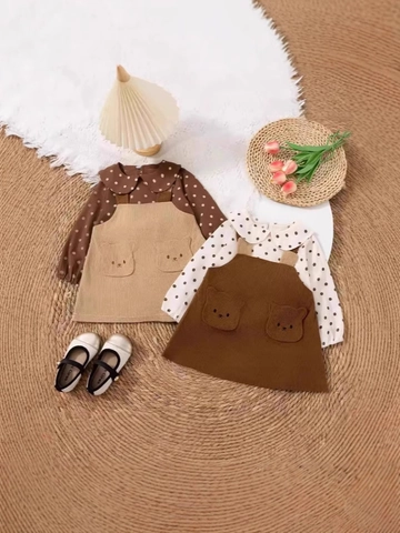 Kleinkind Mädchen Bekleidungsset Polka Dot Langarmshirt Und Cord Trägerkleid Mit Süßen Bären Taschen Outfit