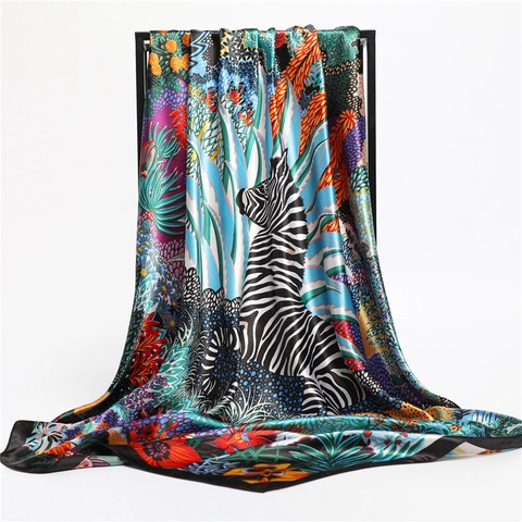 Fashion Square Scarf Polyester Satin Jungle Zebra Tropical Floral Printed Large Neck Wrap Hair Band Headscarf For Women