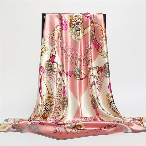 Écharpe En Satin À Imprimé Chaîne Rétro Grand Carré Foulard Pour Femmes Élégant Color Block Sensation Satin Châle