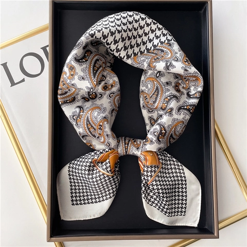 Foulard Quadrato In Raso Simil Raso Con Stampa Pied-De-Poule Paisley Morsetto Retrò Elegante Sciarpa Da Collo Per Donna