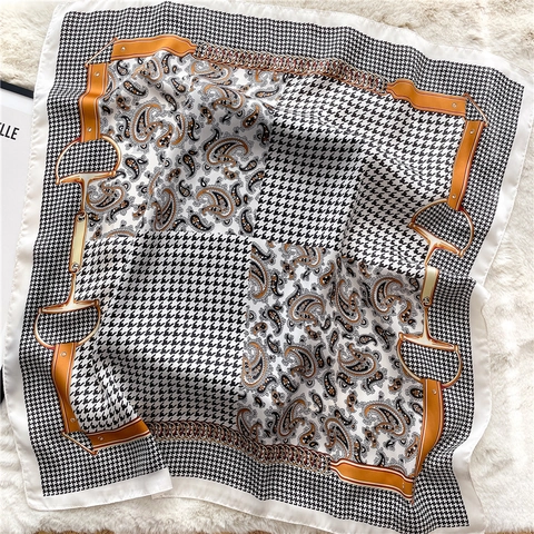 Foulard Quadrato In Raso Simil Raso Con Stampa Pied-De-Poule Paisley Morsetto Retrò Elegante Sciarpa Da Collo Per Donna
