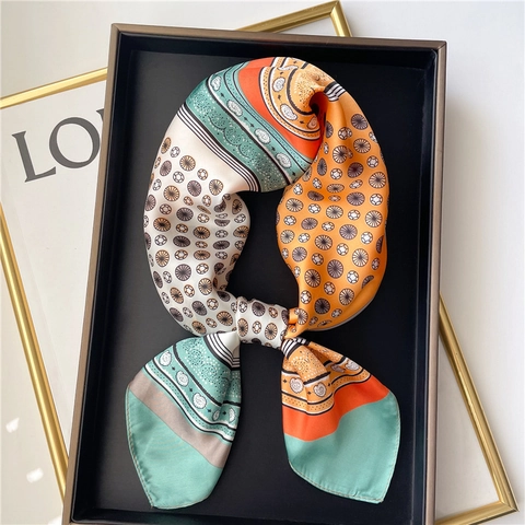 Sciarpa Quadrata Stampa Paisley Finta Raso Effetto Satine Decorativa Girocollo Elastico Capelli Accessorio Borsa Retro Donne