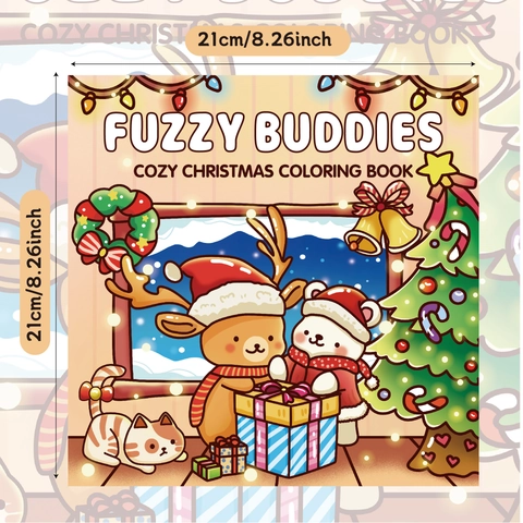 Cozy Christmas Coloring Book For Kids Adults Fuzzy Buddies Cartoon Reindeer Bear Relaxation Drawing Activity Book