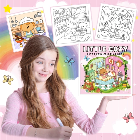 Little Cozy Cute And Easy Coloring Book For Kids And Adults Stress Relief Cozy Indoor Cartoon Illustration Drawing Book