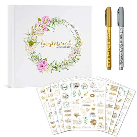 Hochzeit Gästebuch Set Hardcover Blumenkranz Register Nachrichtenbuch Mit Metallstiften Aufklebern Elegante Party Erinnerung