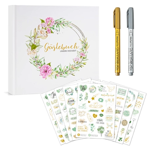 Hochzeit Gästebuch Set Hardcover Blumenkranz Register Nachrichtenbuch Mit Metallstiften Aufklebern Elegante Party Erinnerung