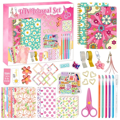 DIY Journal Scrapbook Notebook Colored Pens Stickers Washi Tape Scissors Kids Girls Gift Paper Plastic Pink Floral Style