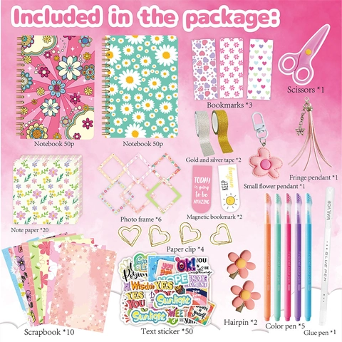 DIY Journal Scrapbook Notebook Colored Pens Stickers Washi Tape Scissors Kids Girls Gift Paper Plastic Pink Floral Style