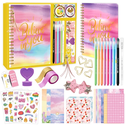 DIY Journal Set for Girls Scrapbooking Kit with A5 Spiral Notebook Colored Pens Glitter Tapes Stickers Stationery Gift Set