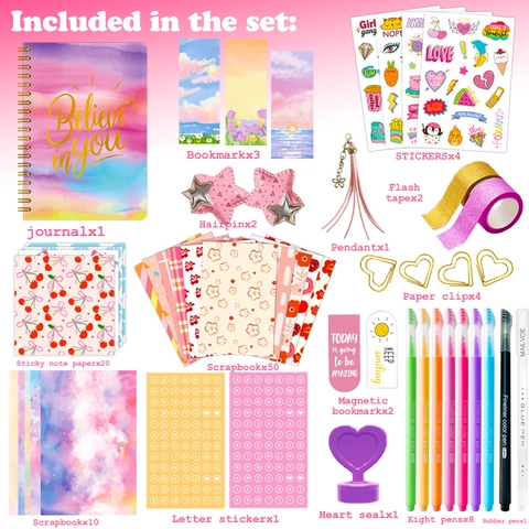 DIY Journal Set for Girls Scrapbooking Kit with A5 Spiral Notebook Colored Pens Glitter Tapes Stickers Stationery Gift Set