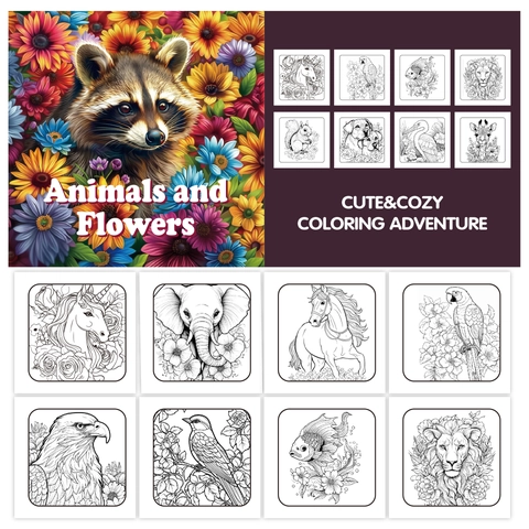 Adult Coloring Book Animals And Flowers Creative Illustration For Stress Relief And Art DIY Painting Paper Book