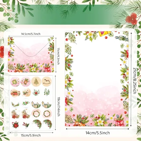 Christmas Stationery Paper Envelopes Stickers Holiday Watercolor Floral Design For Letter Writing Greeting Message