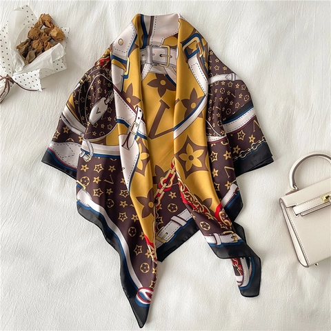 Women Elegant Square Scarf Faux Satin Houndstooth Chain Belt Print Head Scarf Hair Band Shawl Wrap