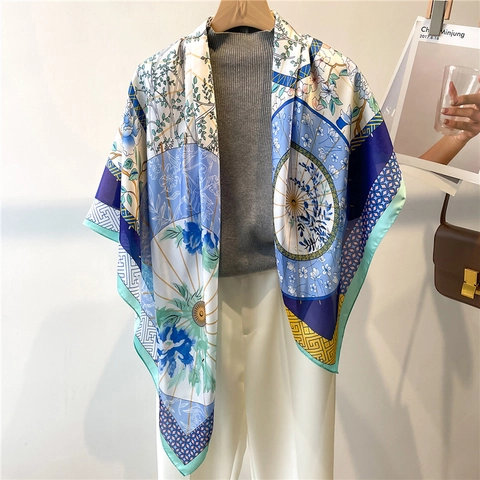 Grande Sciarpa Quadrata Stampa Artistica Raso Setoso Leggero Scialle Accessori Di Moda Eleganti Per Donne