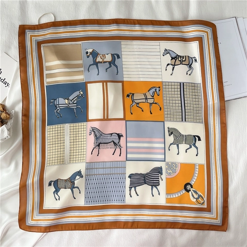 Women Square Scarf Satin Feeling Equestrian Horse Print Geometric Pattern Polyester Neck Scarf Fashion Hair Tie