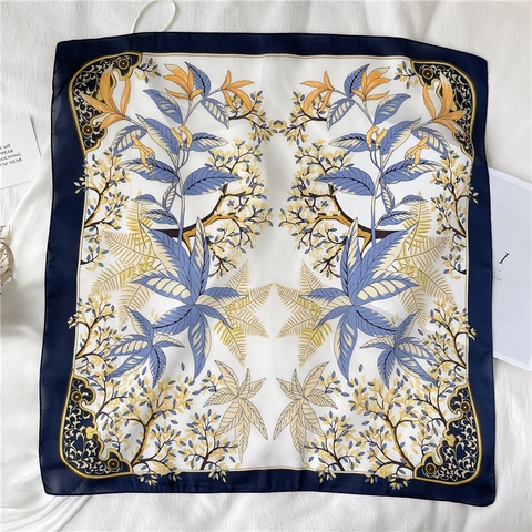 Carré De Satin Synthétique Motif Feuilles Fleurs Foulard Décoratif Élégant Tour De Cou Mode Pour Femmes