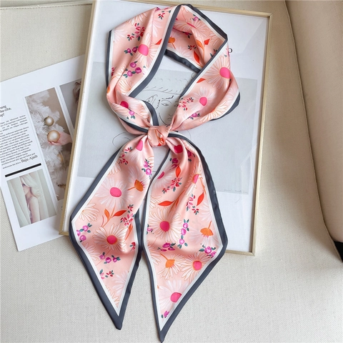 Écharpe Longue Étroite Femmes Polyester Satin Soyeux Imprimé Double Face Floral Patchwork Ruban Poignée Sac À Main Cravate Cheveux
