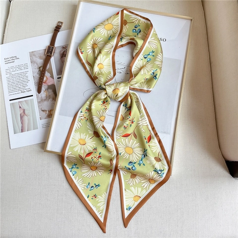 Écharpe Longue Étroite Femmes Polyester Satin Soyeux Imprimé Double Face Floral Patchwork Ruban Poignée Sac À Main Cravate Cheveux