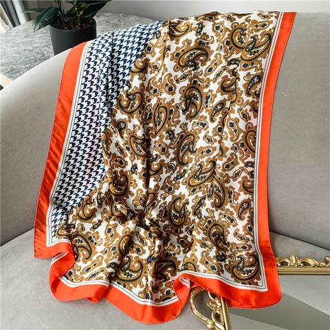 Grande Sciarpa Scialle Imitazione Raso Satin Pied-De-Poule Paisley Stampa Retro Elegante Protezione Solare Per Donne