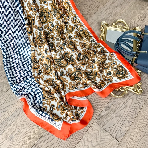 Grande Sciarpa Scialle Imitazione Raso Satin Pied-De-Poule Paisley Stampa Retro Elegante Protezione Solare Per Donne