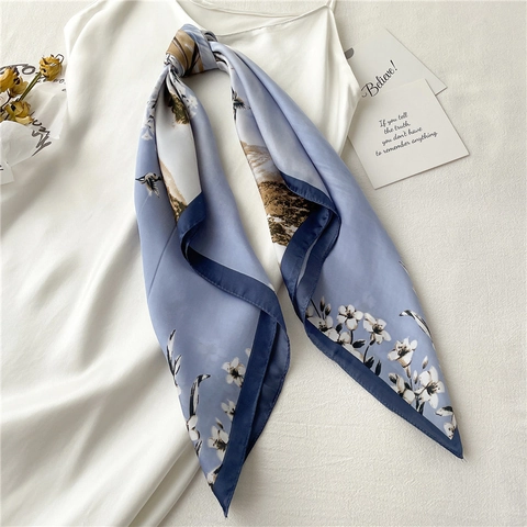 Elegant Bird And Floral Print Square Scarf For Women Faux Satin Satin Lightweight Small Neckerchief Shawl Wrap Accessory