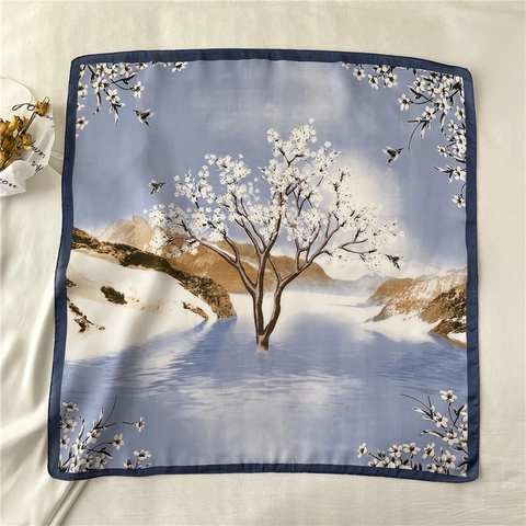 Elegant Bird And Floral Print Square Scarf For Women Faux Satin Satin Lightweight Small Neckerchief Shawl Wrap Accessory