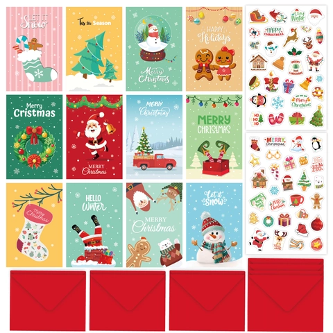 Weihnachts-Grußkarten Mit Umschlägen Stickern Cartoon Weihnachtsmann Muster Feiertagssegen Geschenk Papier Faltkarte
