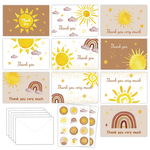 Bohemian Watercolor Thank You Cards Set With Envelopes Stickers For Wedding Baby Shower Anniversary Hand Drawn Paper Greeting Cards