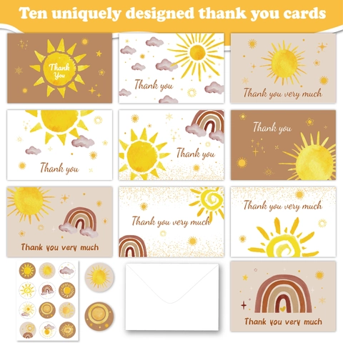Bohemian Watercolor Thank You Cards Set With Envelopes Stickers For Wedding Baby Shower Anniversary Hand Drawn Paper Greeting Cards