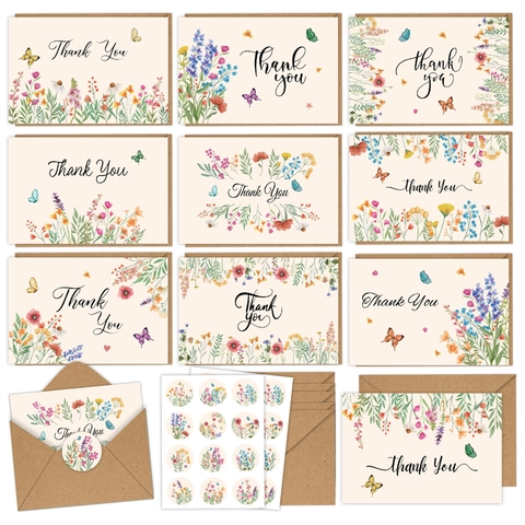 Watercolor Floral Thank You Cards With Kraft Envelopes And Stickers Butterfly Wildflower Pattern Stationery For Wedding Birthday