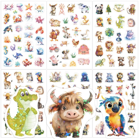 Set di Adesivi Animali Acquerello per Bambini Glitter Impermeabile Vinile Adesivi per Bottiglie d'Acqua Laptop Scrapbooking Fai Da Te