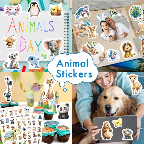 Set di Adesivi Animali Acquerello per Bambini Glitter Impermeabile Vinile Adesivi per Bottiglie d'Acqua Laptop Scrapbooking Fai Da Te