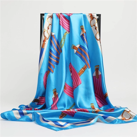 Foulard Quadrato In Raso Da Donna Effetto Raso Stampa Equestre Catena Accessori Di Moda Elegante Foulard Per Capelli