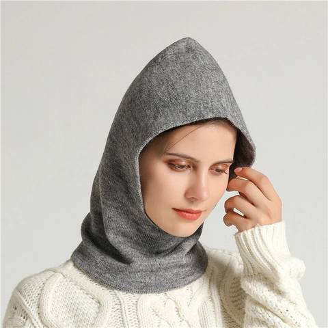 Unisex Winter Polyester Knit Balaclava Hooded Scarf Thermal Windproof Outdoor Cycling Neck Warmer Solid Color Versatile