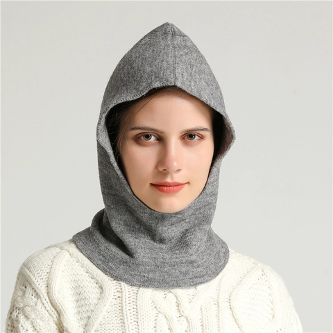 Unisex Winter Polyester Knit Balaclava Hooded Scarf Thermal Windproof Outdoor Cycling Neck Warmer Solid Color Versatile