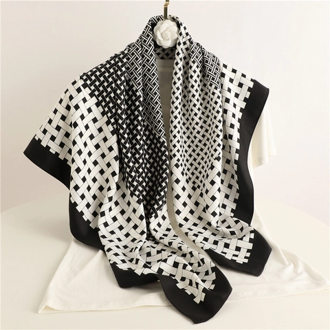 Grande Sciarpa Quadrata Donna Raso Di Raso Twill Stampa Geometrica Plaid Foulard Scialle Moda Elegante
