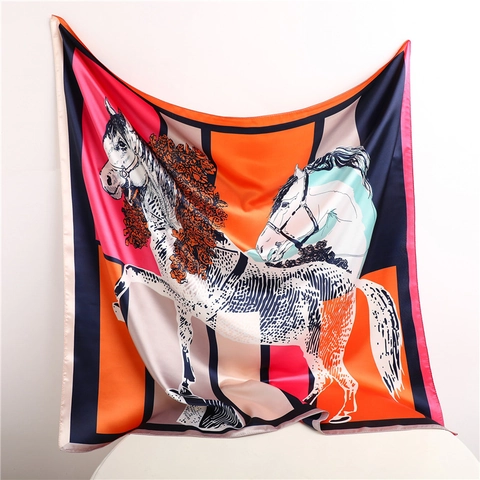 Dames Artistieke Paardenprint Satijn Vierkante Sjaal Geometrische Kleurblok Bandana Zijde Gevoel Hoofddoek Haarsjaal